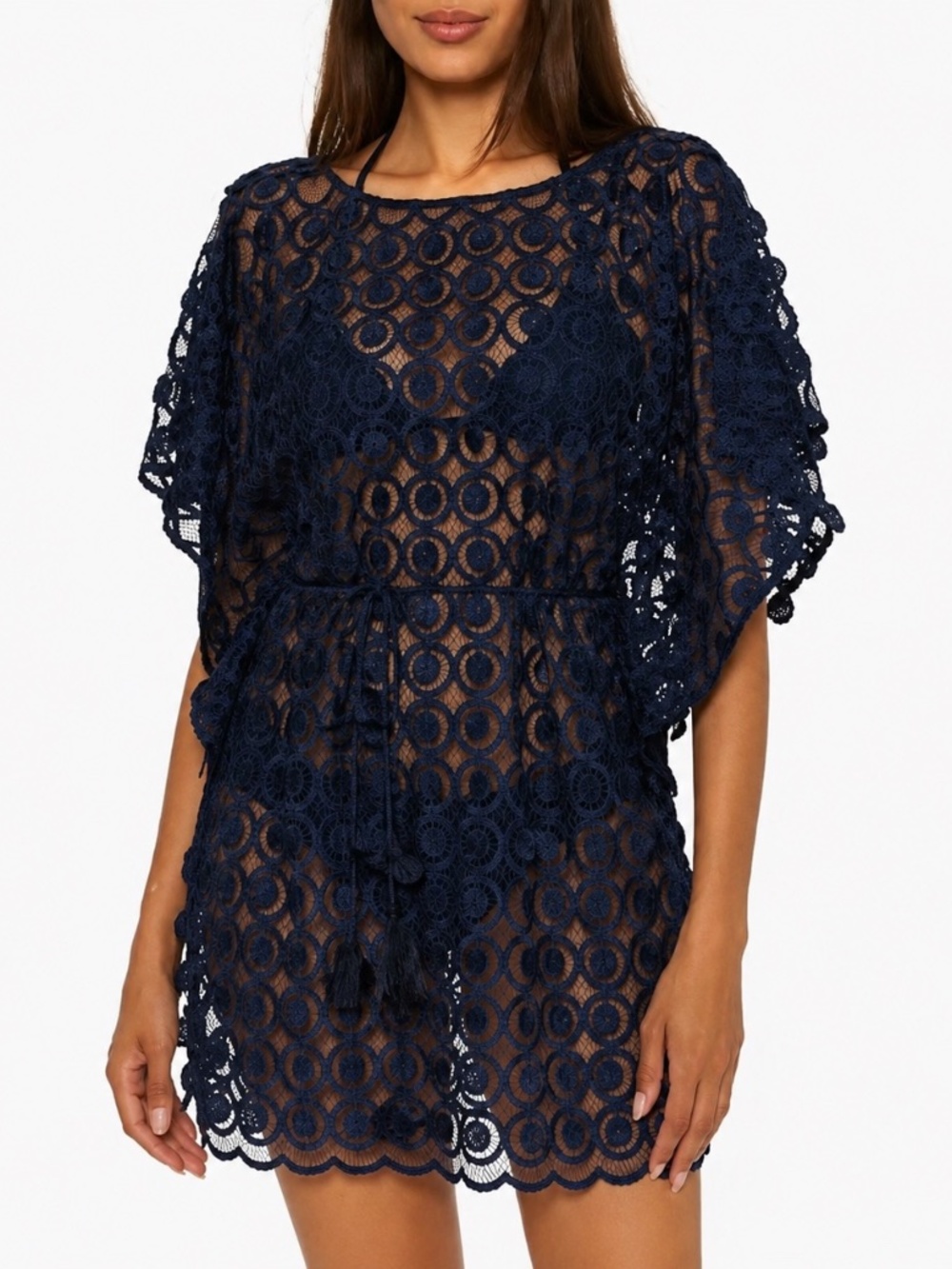 Trina Turk Navy Circles Crochet Swim Cover Belted Kaftan Dress S/M Resort Spa